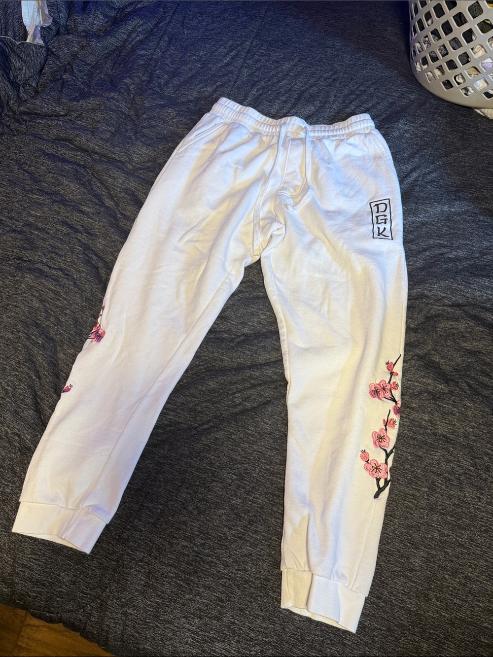 DGK White Track Pants with Pink Floral Side Embroidery
